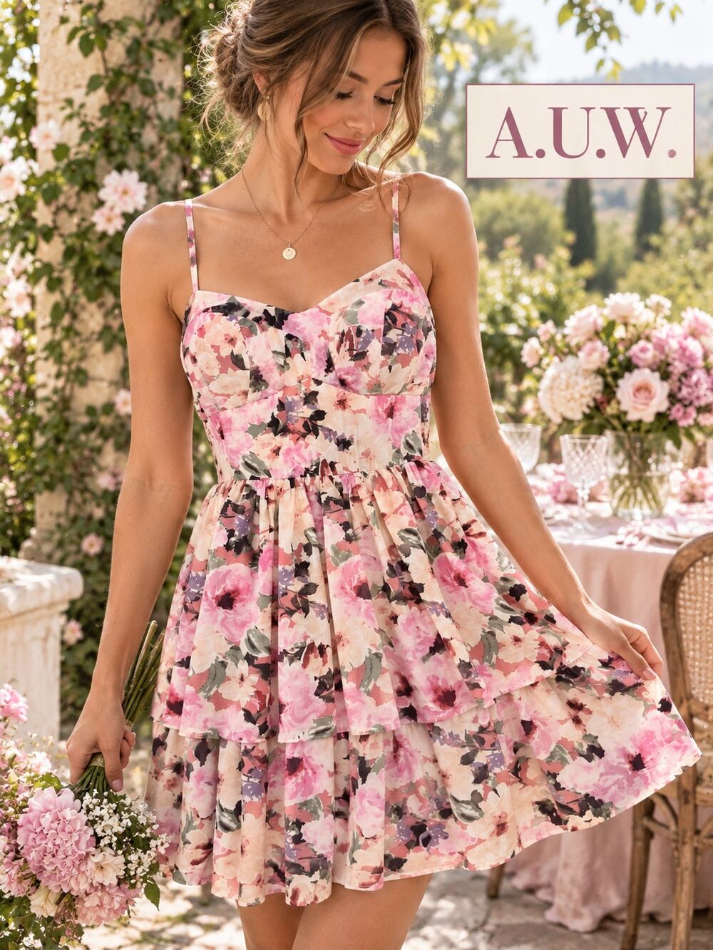 A.U.W. Woman’s L Pink Watercolor Floral Tiered Sundress | Cottagecore Romantic